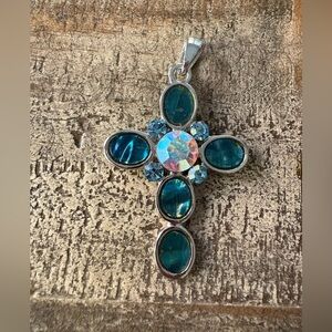 Vintage Cookie Lee Aqua Jeweled Pendant Cross